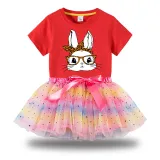 Girl Two Pieces Rainbow TuTu Happy Easter Bunny With Glasses Princess Bubble Skirt