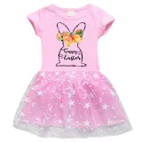 Girls Yarn Skirt Happy Easter Bunny Flower Long And Short Sleeve Dress
