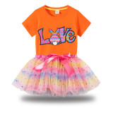 Girl Two Pieces Rainbow TuTu Happy Easter Bunny Love Princess Bubble Skirt