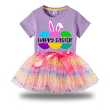 Girl Two Pieces Rainbow TuTu Happy Easter Bunny Ears Eggs Slogan Princess Bubble Skirt