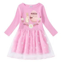 Girls Yarn Skirt Happy Easter Bunny Flower Egg Long And Short Sleeve Dress