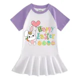 Girls Rainbow Happy Easter Bunny With Balloon Long And Short Sleeve Casual Skirt