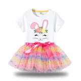 Girl Two Pieces Rainbow Happy Easter Smile Bunny Long And Short Sleeve Casual Skirt