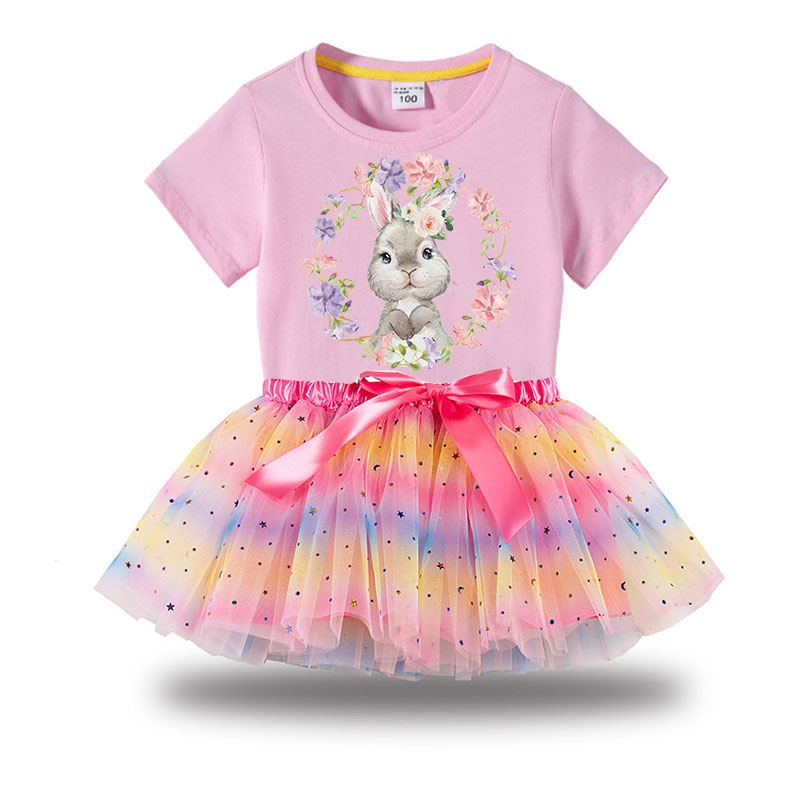 Girl Two Pieces Rainbow TuTu Happy Easter Bunny Wreath Princess Bubble Skirt