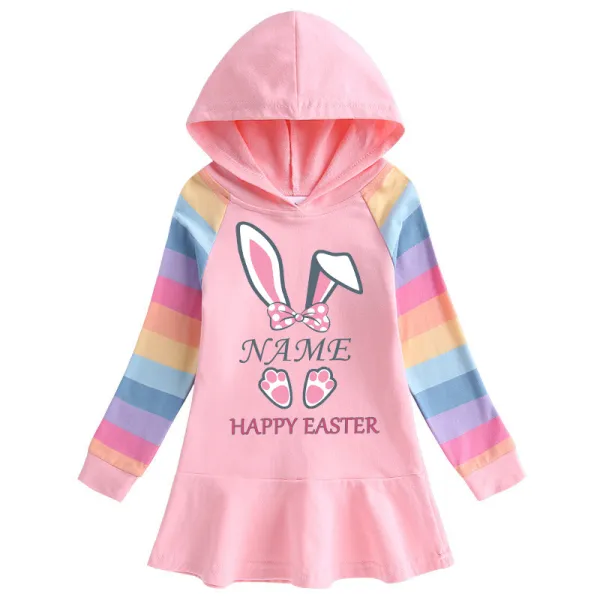 Girls Rainbow Happy Easter Name Custom Bunny Long And Short Sleeve Casual Skirt