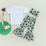 Baby Girls St. Patrick's Day Two Pieces Clover Peace and Love T-shirts and Green Flared Pants Sets