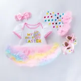 Baby Girls My First Easter 4 Pieces Short Sleeve Tutu Dress with Baby Socks and Headscarf