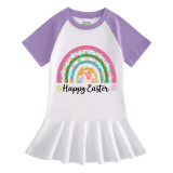 Girls Rainbow Happy Easter Rainbow Bunny Long And Short Sleeve Casual Skirt