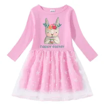 Girls Yarn Skirt Happy Easter Bunny Eggs Long And Short Sleeve Dress