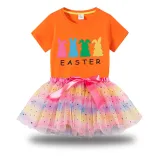Girl Two Pieces Rainbow TuTu Happy Easter Rabbits Princess Bubble Skirt