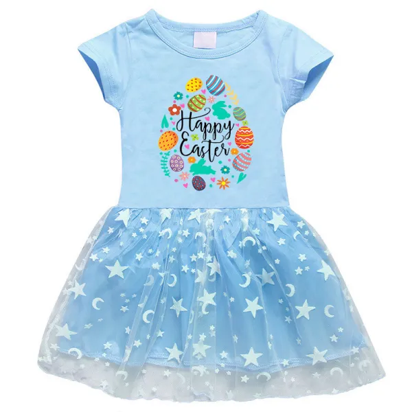 Girls Yarn Skirt Happy Easter Egg Elements Long And Short Sleeve Dress