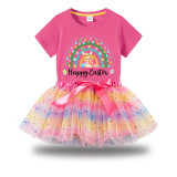 Girl Two Pieces Rainbow TuTu Happy Easter Rainbow Bunny Princess Bubble Skirt
