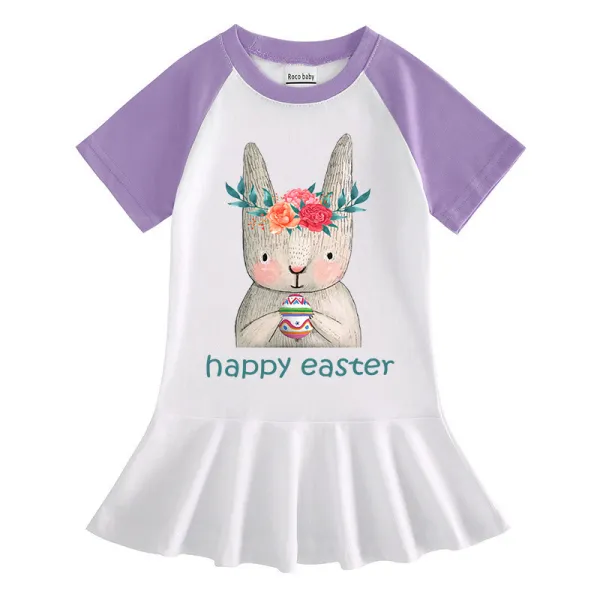 Girls Rainbow Happy Easter Bunny Eggs Long And Short Sleeve Casual Skirt