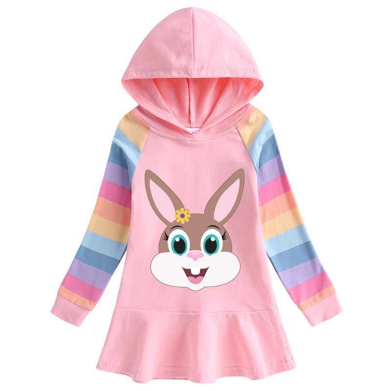 Girls Rainbow Happy Easter Cute Bunny Long And Short Sleeve Casual Skirt