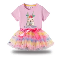 Girl Two Pieces Rainbow TuTu Happy Easter Bunny Eggs Princess Bubble Skirt