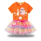 Girl Two Pieces Rainbow TuTu Happy Easter Bunny Flower Egg Princess Bubble Skirt