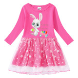 Girls Yarn Skirt Happy Easter Egg Bunny Princess Long And Short Sleeve Dress