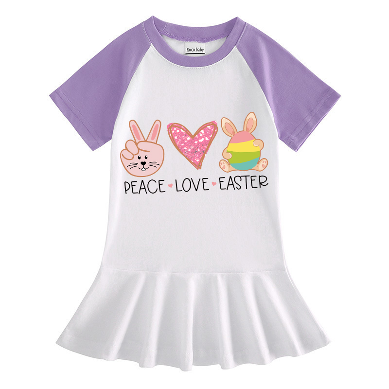 Girls Rainbow Happy Easter Peace Love Bunny Long And Short Sleeve Casual Skirt