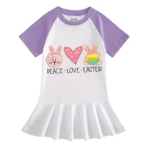 Girls Rainbow Happy Easter Peace Love Bunny Long And Short Sleeve Casual Skirt