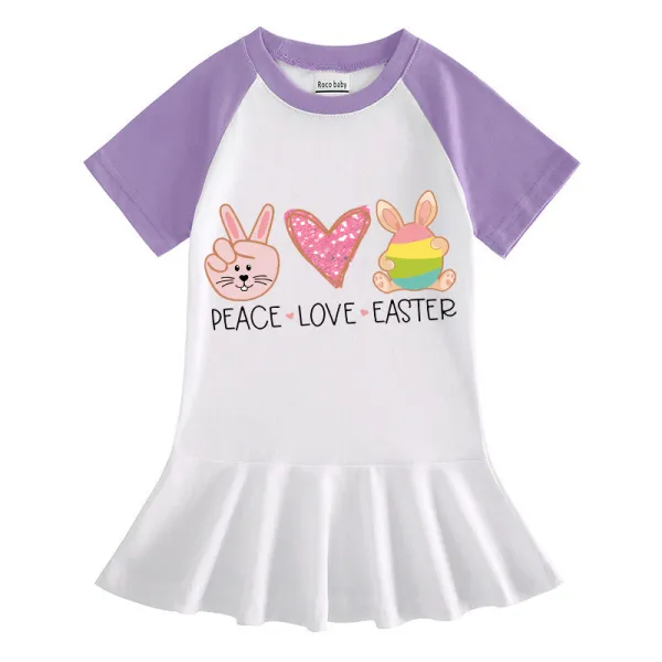 Girls Rainbow Happy Easter Peace Love Bunny Long And Short Sleeve Casual Skirt