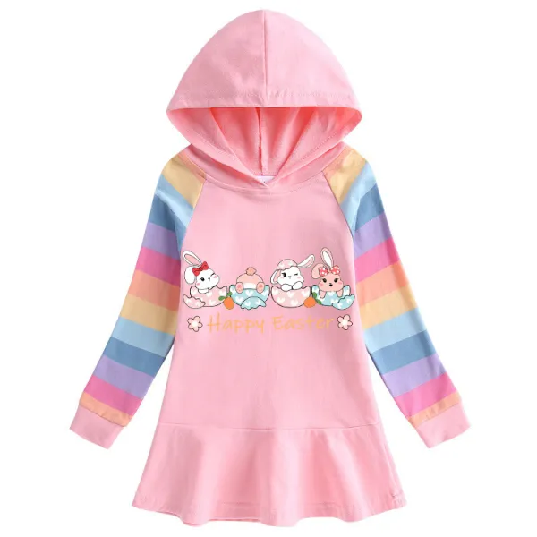 Girls Rainbow Happy Easter Egg Bunny Long And Short Sleeve Casual Skirt