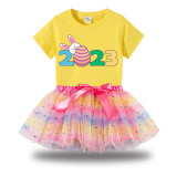 Girl Two Pieces Rainbow TuTu Happy Easter 2023 Princess Bubble Skirt