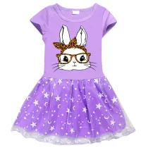 Girls Yarn Skirt Happy Easter Bunny With Glasses Long And Short Sleeve Dress