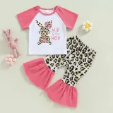 Baby Girls Happy Easter Two Pieces Leopard Rabbit Tops and Flared Pants Set