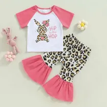 Baby Girls Happy Easter Two Pieces Leopard Rabbit Tops and Flared Pants Set