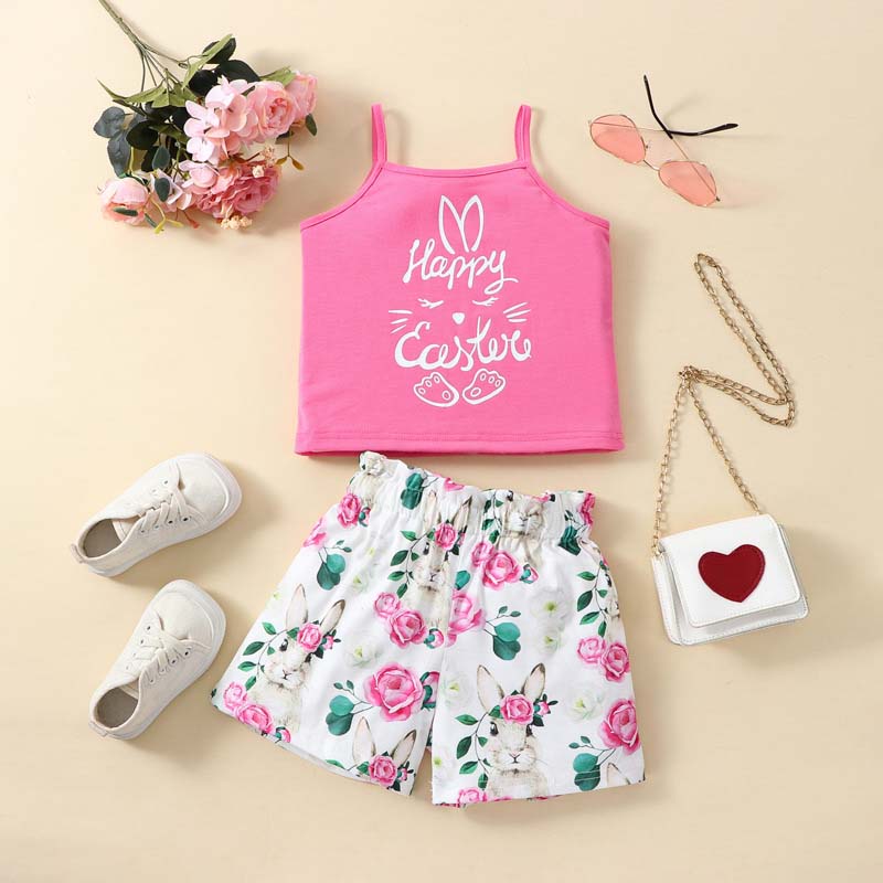 Baby Girls Happy Easter Two Pieces Rabbit Camisoles and Floral Shorts Set