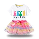 Girl Two Pieces Rainbow TuTu Happy Easter Rabbits Princess Bubble Skirt