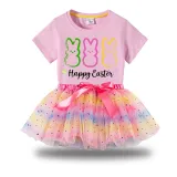 Girl Two Pieces Rainbow TuTu Happy Easter Rabbits Princess Bubble Skirt