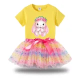 Girl Two Pieces Rainbow TuTu Happy Easter Bunny Flower Princess Bubble Skirt