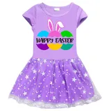 Girls Yarn Skirt Happy Easter Bunny Ears Eggs Slogan Long And Short Sleeve Dress