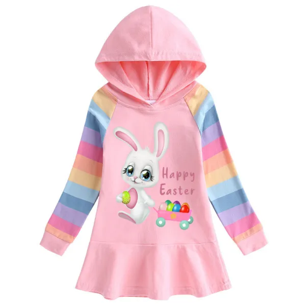 Girls Rainbow Happy Easter Egg Bunny Princess Long And Short Sleeve Casual Skirt