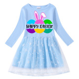 Girls Yarn Skirt Happy Easter Bunny Ears Eggs Slogan Long And Short Sleeve Dress