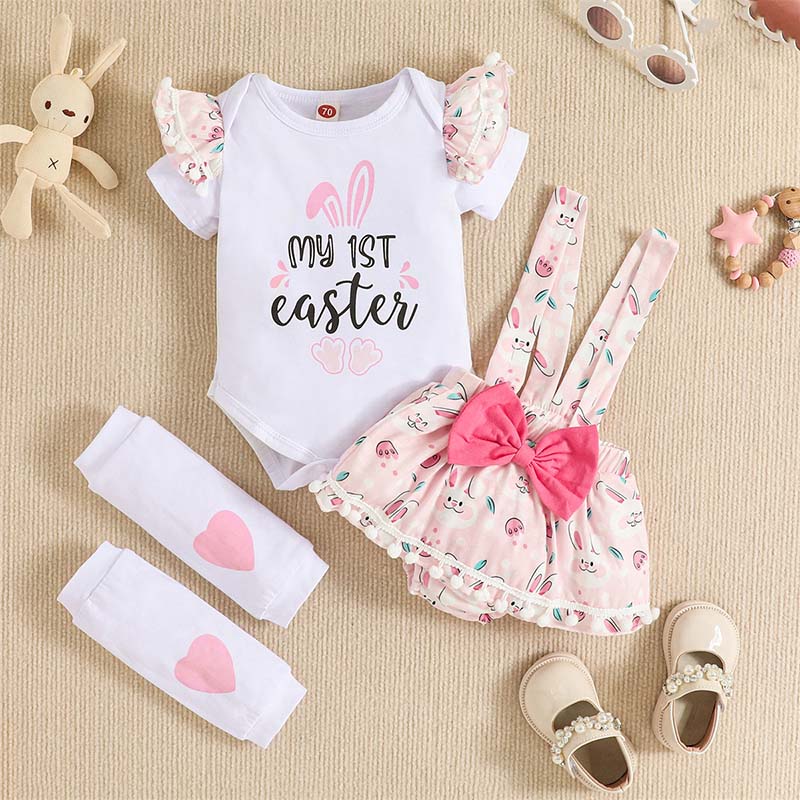 Baby Girls Three Pieces My 1st Easter Suits Bowknot Bunny Halter Dress and Kneepads