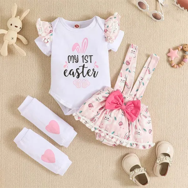 Baby Girls Three Pieces My 1st Easter Suits Bowknot Bunny Halter Dress and Kneepads