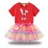 Girl Two Pieces Rainbow Happy Easter Name Custom Bunny Long And Short Sleeve Casual Skirt