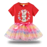 Girl Two Pieces Rainbow TuTu Happy Easter Bunny Wreath Princess Bubble Skirt