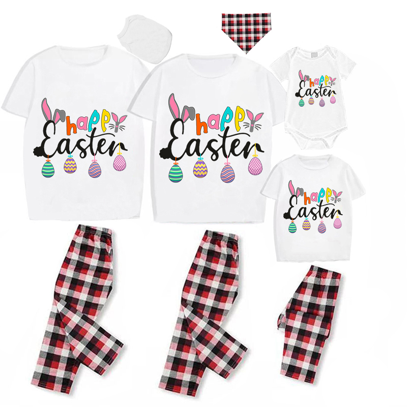 Easter Family Matching Pajamas Exclusive Design Happy Easter Slogan Eggs White Pajamas Set