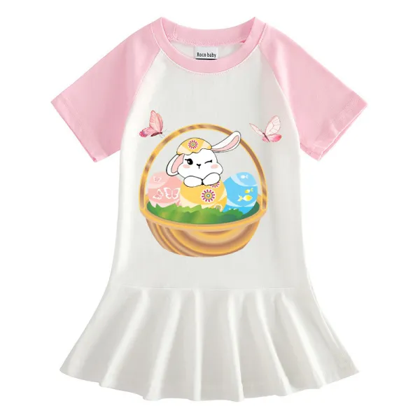 Girls Rainbow Happy Easter Basket Bunny Flower Butterfly Long And Short Sleeve Casual Skirt