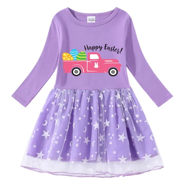Girls Yarn Skirt Happy Easter Car Long And Short Sleeve Dress