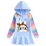 Girls Rainbow Happy Easter Bunny With Glasses Long And Short Sleeve Casual Skirt