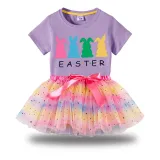 Girl Two Pieces Rainbow TuTu Happy Easter Rabbits Princess Bubble Skirt