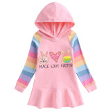 Girls Rainbow Happy Easter Peace Love Bunny Long And Short Sleeve Casual Skirt