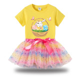 Girl Two Pieces Rainbow TuTu Happy Easter Basket Bunny Flower Butterfly Princess Bubble Skirt