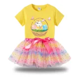 Girl Two Pieces Rainbow TuTu Happy Easter Basket Bunny Flower Butterfly Princess Bubble Skirt