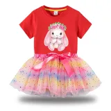 Girl Two Pieces Rainbow TuTu Happy Easter Bunny Flower Princess Bubble Skirt