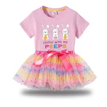 Girl Two Pieces Rainbow TuTu Happy Easter Chillin With My Peeps Bunny Princess Bubble Skirt